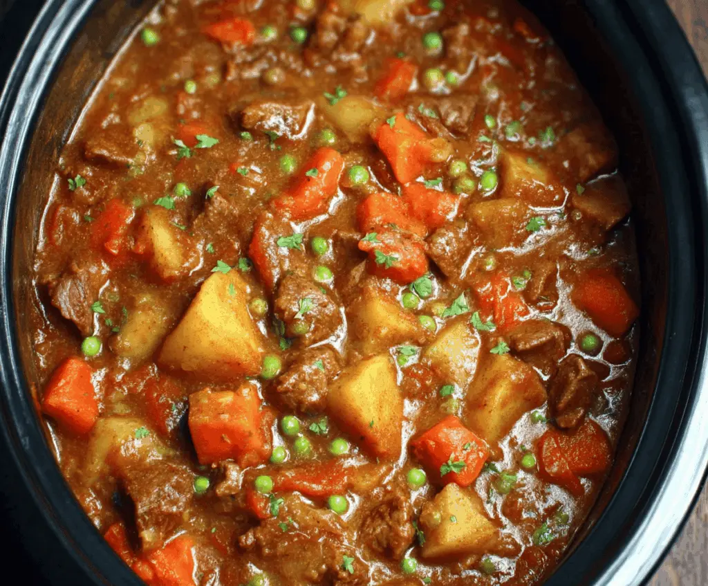A bowl of hearty classic beef stew with tender beef chunks, carrots, potatoes, and vegetables in a rich, savory broth.