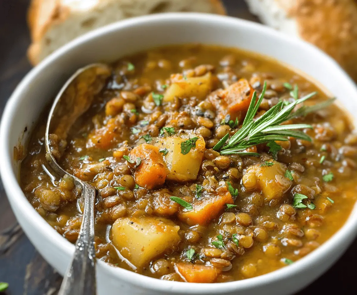 A bowl of hearty lentil and potato soup garnished with fresh herbs, served alongside crusty bread on a rustic wooden table.