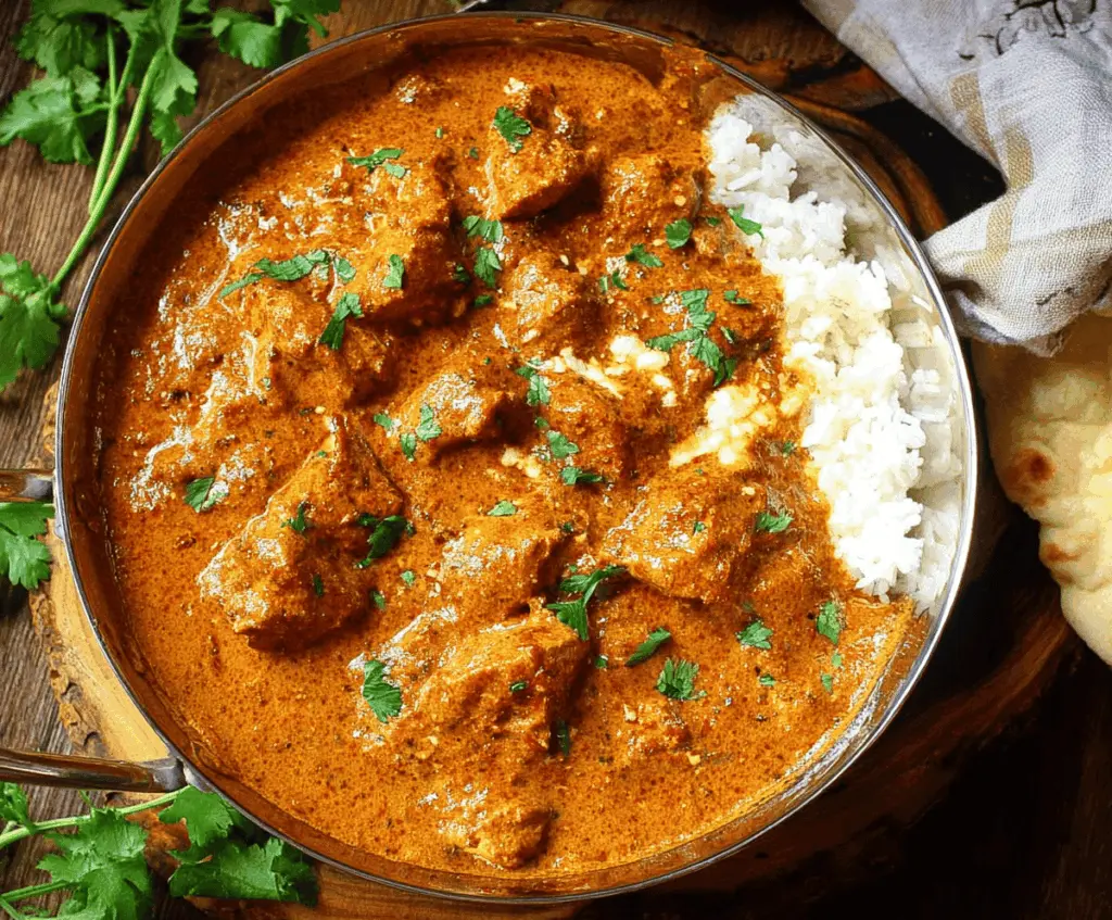 Creamy homemade butter chicken served with rice and garnished with fresh cilantro, perfect for a flavorful Indian meal.
