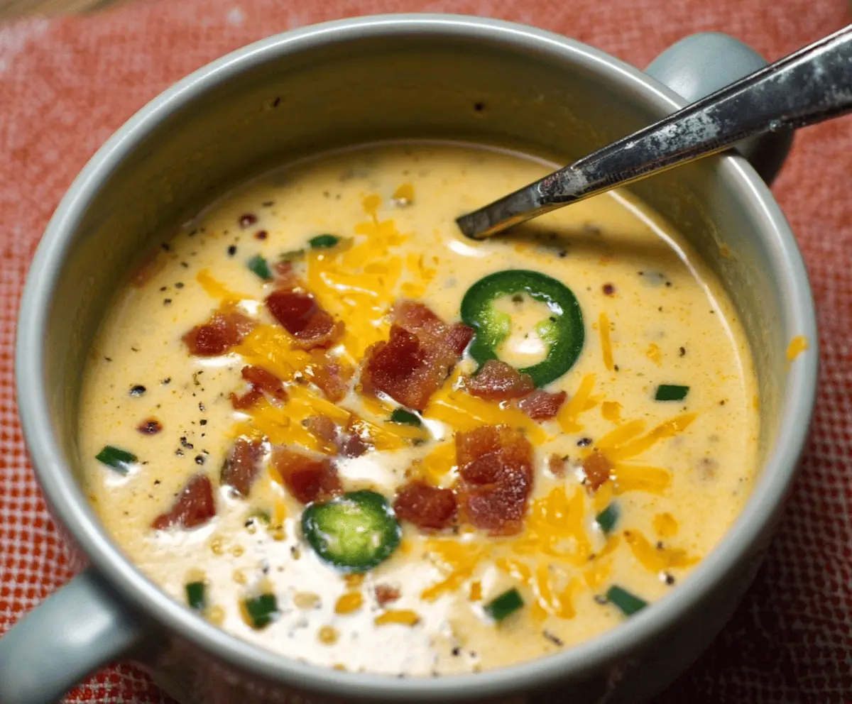 Creamy jalapeno popper soup garnished with shredded cheese and chopped green onions in a bowl with fresh jalapenos on the side, perfect for spicy appetizer or comfort food.