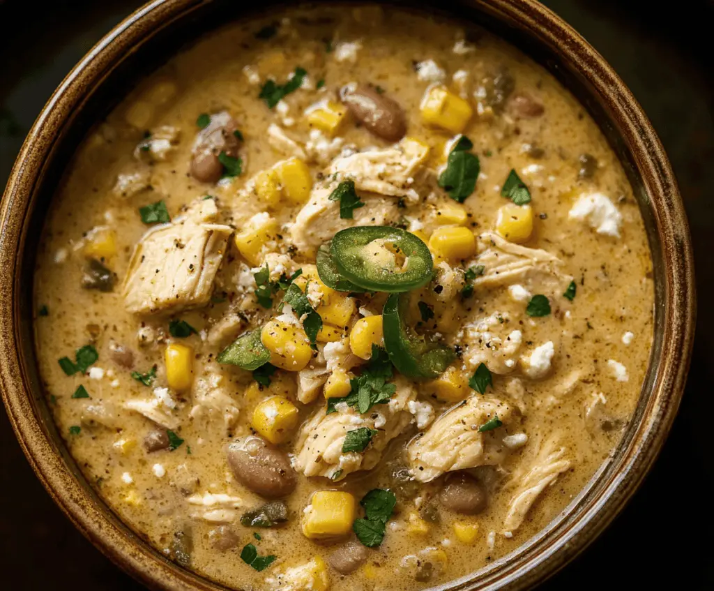 Creamy Mexican Street Corn White Chicken Chili topped with cilantro and crumbled queso fresco, served in a bowl with lime wedges.