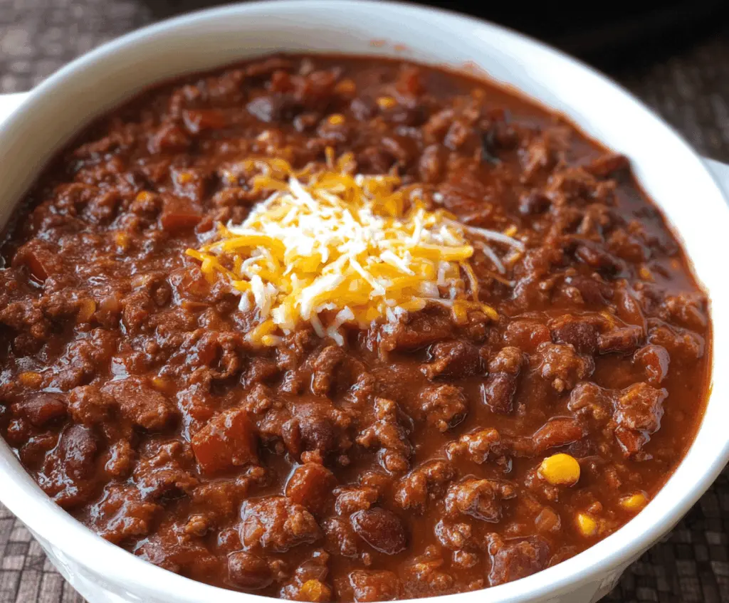 Hearty slow-cooker chili topped with shredded cheese, fresh cilantro, and diced onions in a rustic bowl
