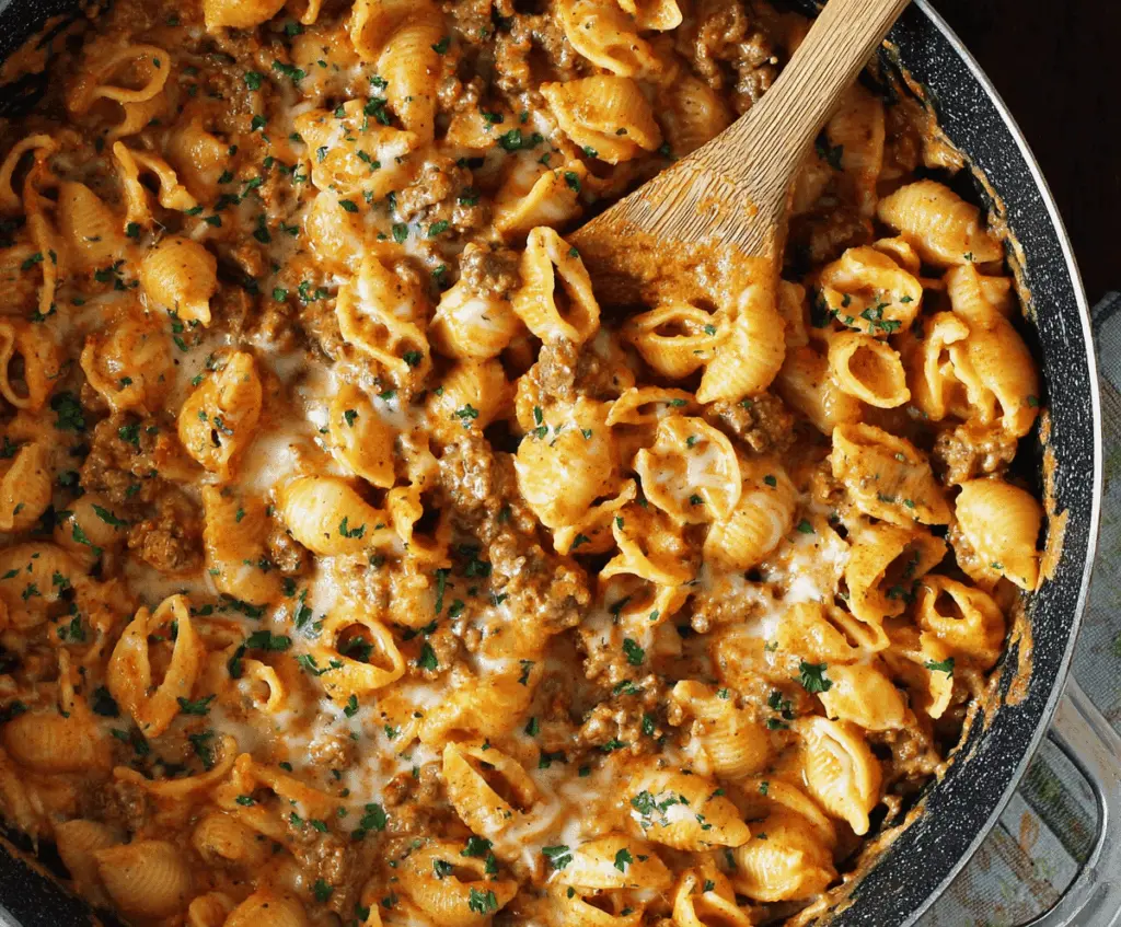 Creamy beef and pasta shells in a skillet, topped with fresh herbs for a delicious one-pot meal