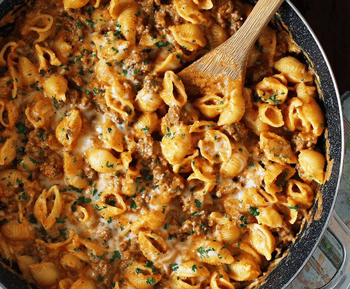 Creamy beef and pasta shells in a skillet, topped with fresh herbs for a delicious one-pot meal