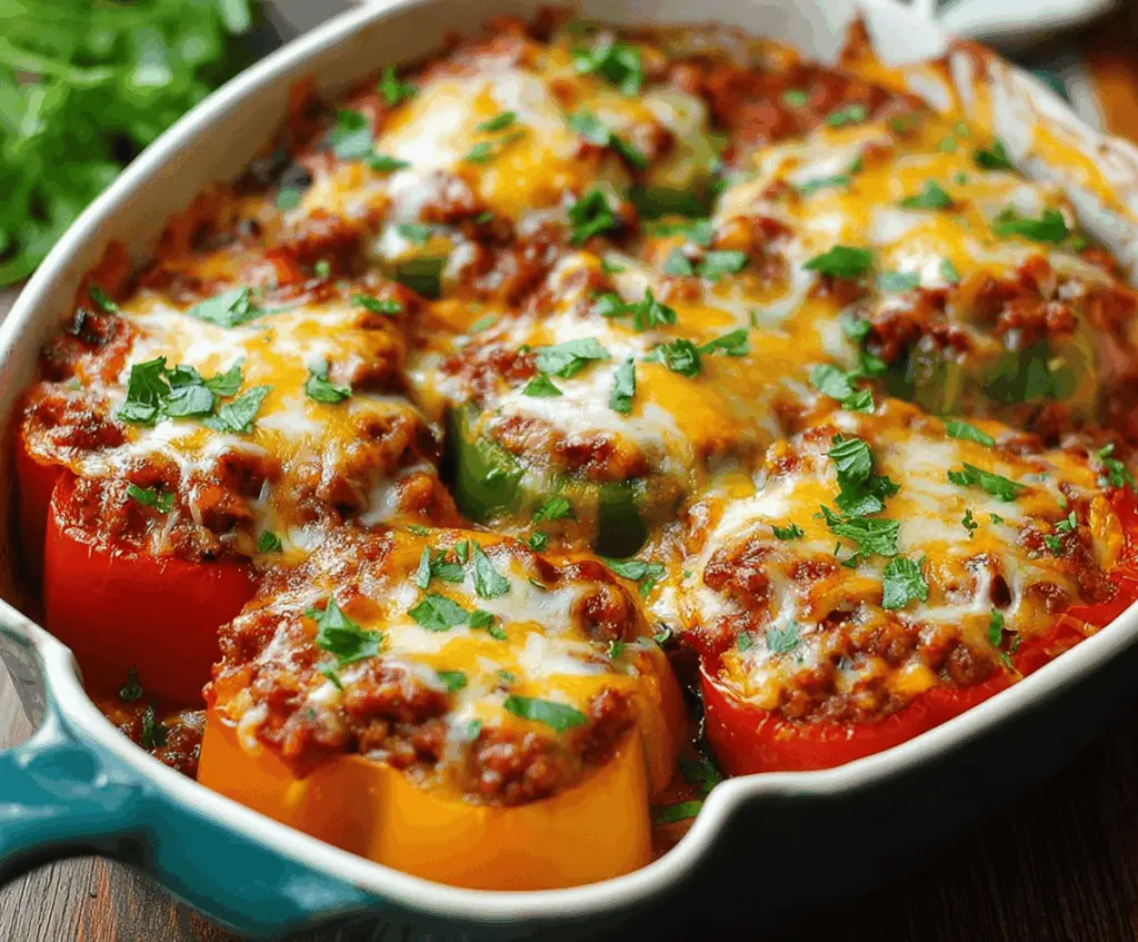 Delicious Pioneer Woman Stuffed Pepper Casserole with colorful bell peppers, melted cheese, and savory ground beef in a baked casserole dish