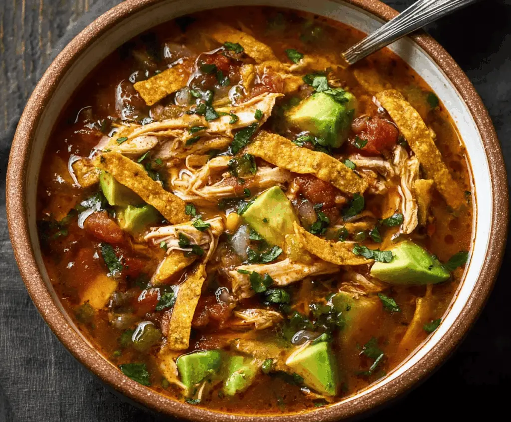 Hearty Poblano Chicken Tortilla Soup in a bowl with fresh toppings, garnished with cilantro and lime wedges