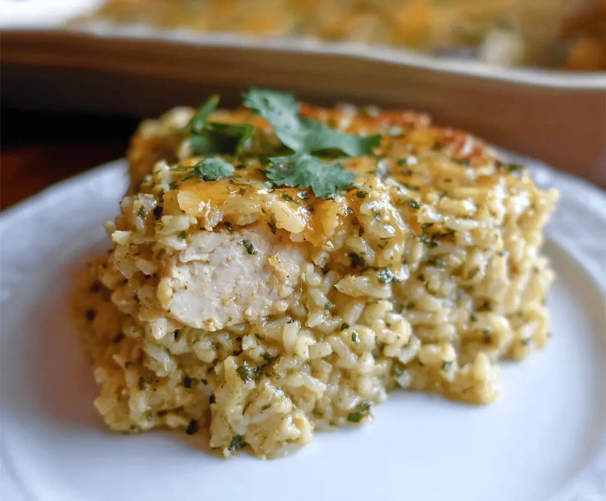 Delicious Salsa Verde Chicken and Rice Casserole topped with melted cheese and fresh cilantro, served on a plate