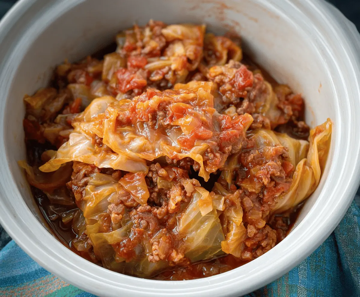 Delicious slow cooker unstuffed cabbage rolls in a savory tomato sauce, served in a bowl with fresh herbs and chopped vegetables