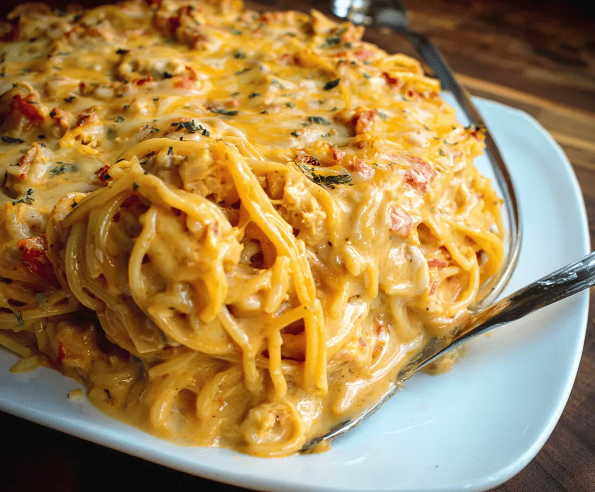 Creamy and spicy Southern Chicken Spaghetti Casserole with melted cheese, served hot with a flavorful, cheesy pasta dish topped with sliced chicken and herbs