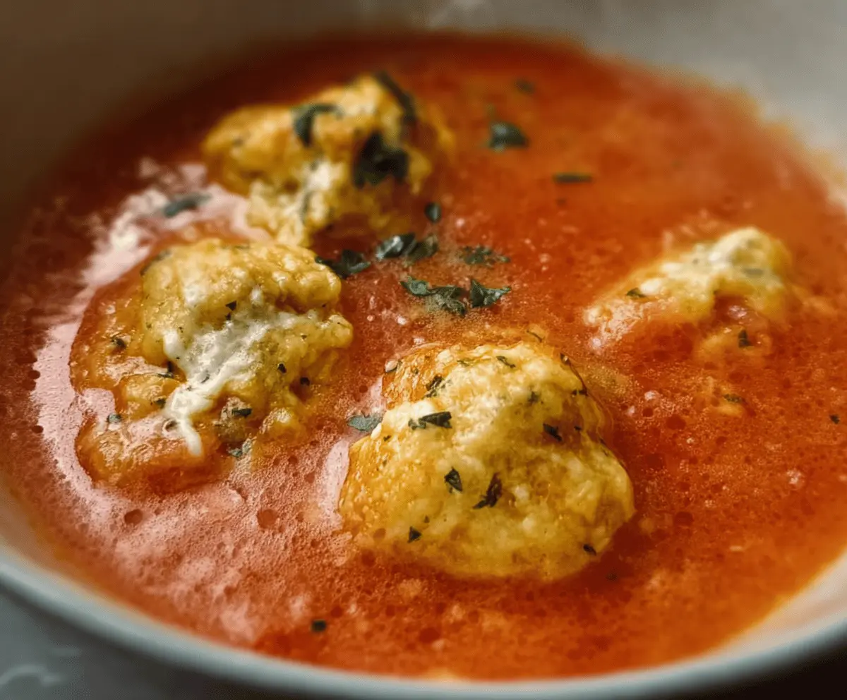 Creamy tomato soup garnished with melted cheese dumplings and fresh herbs, served in a white bowl on a rustic wooden table.