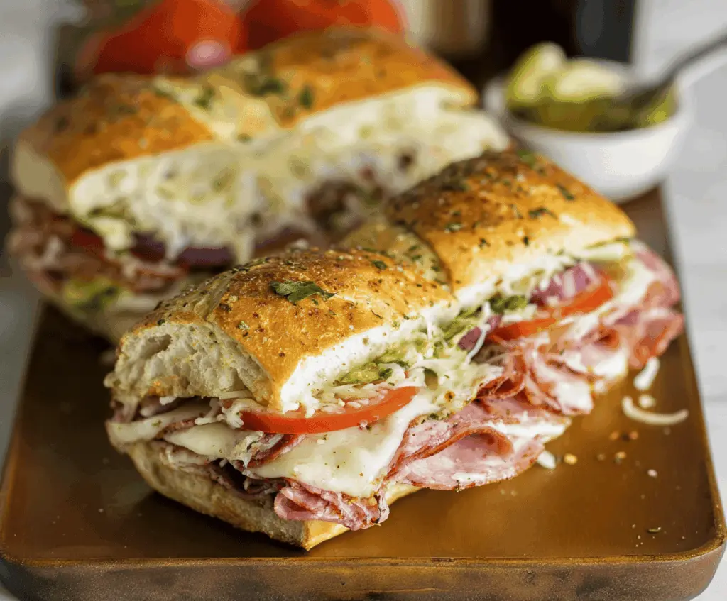 Delicious baked Italian grinder sandwiches featuring layers of ham, salami, melted cheese, fresh lettuce, tomatoes, and Italian herbs on toasted bread