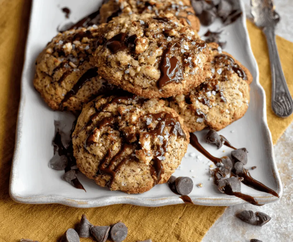 Homemade banana bread cookies with ripe bananas, chocolate chips, and a golden-brown crust on a rustic wooden table
