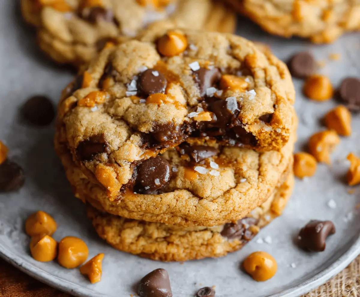 Delicious homemade butterscotch chocolate chip cookies topped with sea salt, golden brown, and freshly baked, perfect for dessert or snack