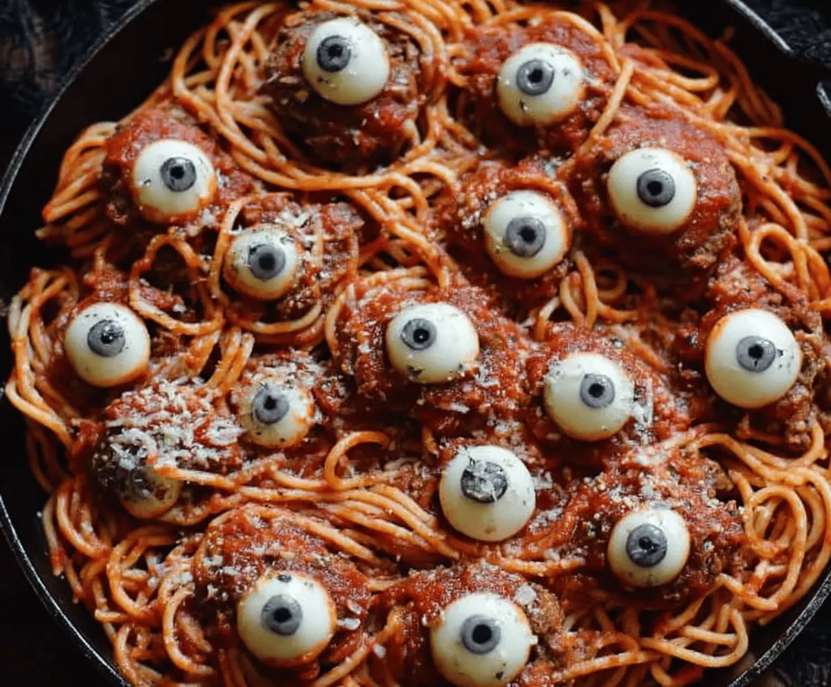Spooky Halloween Pasta: Bloody Spaghetti with Mozzarella Eyeballs Recipe