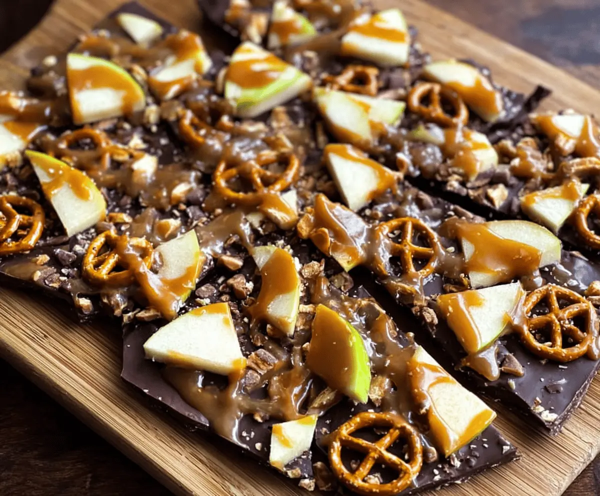 Delicious homemade caramel apple bark topped with caramel drizzle and chopped nuts on a rustic wooden surface