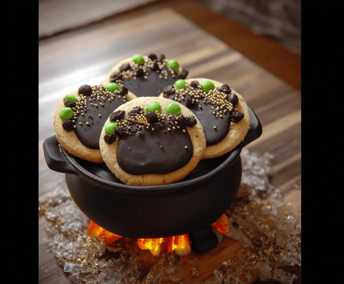 Delicious cauldron-shaped cookies with colorful icing and spooky Halloween decorations on a festive platter