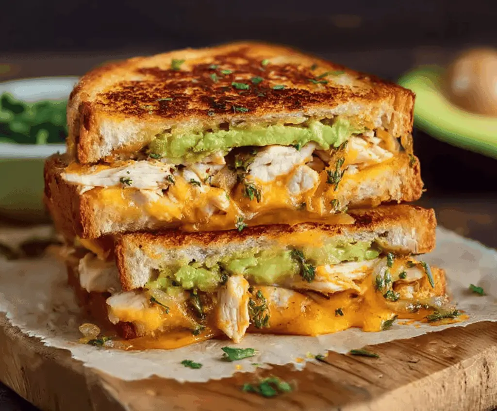 Delicious cheesy chicken avocado melt sandwich with melted cheese, tender chicken, and fresh avocado on toasted bread, perfect for a satisfying meal.