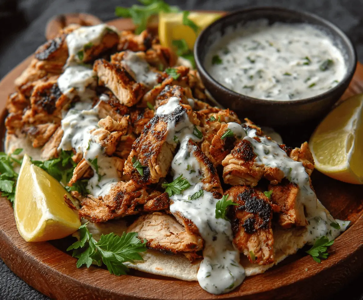 Delicious Chicken Shawarma with creamy garlic sauce served on a plate with fresh vegetables and pita bread