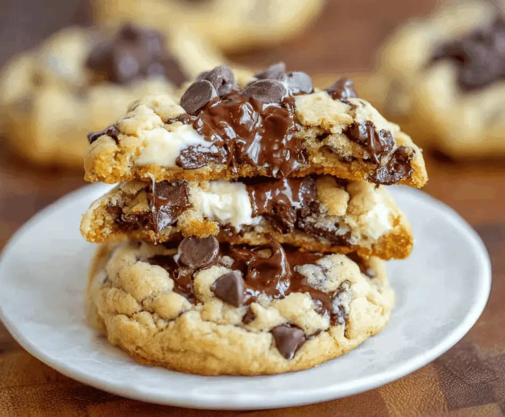 Delicious chocolate chip cheesecake cookies with a golden-brown top and gooey chocolate chips, perfect for dessert or sweet cravings.