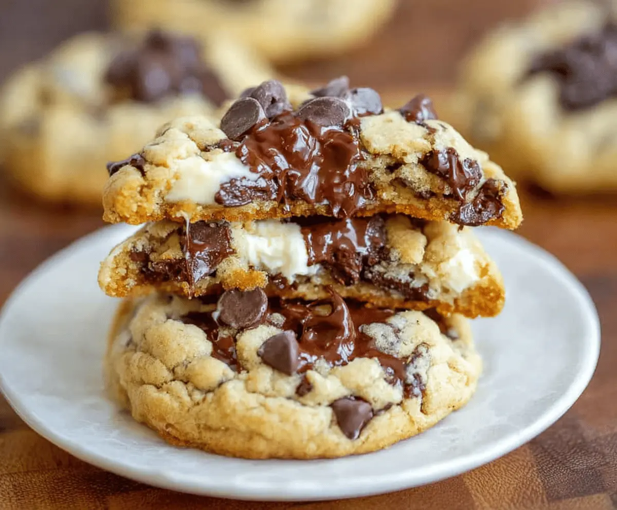 Delicious chocolate chip cheesecake cookies with a golden-brown top and gooey chocolate chips, perfect for dessert or sweet cravings.