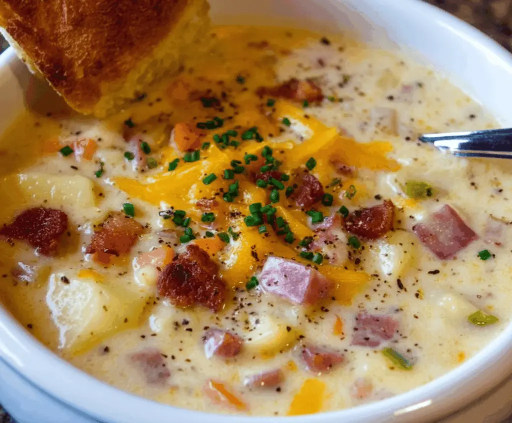 Creamy classic Old Fashioned Loaded Potato Soup topped with shredded cheese, crispy bacon, green onions, and a dollop of sour cream in a rustic bowl