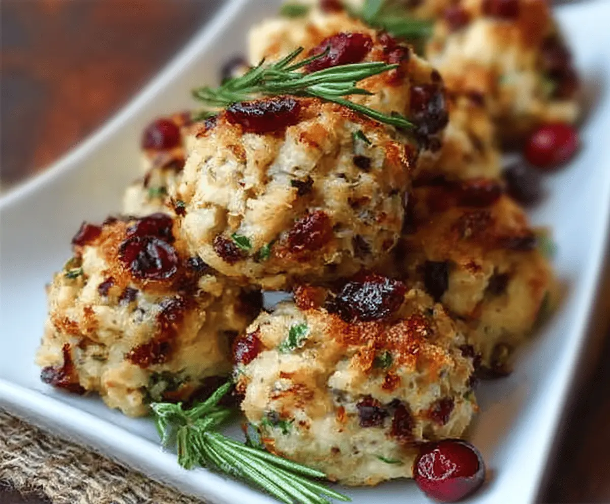 Golden cranberry turkey stuffing balls served on a plate, perfect for holiday appetizers and festive gatherings.
