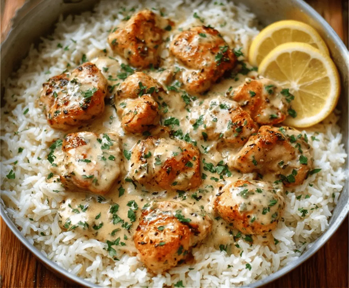 Creamy herb chicken served with fluffy basmati rice, garnished with fresh herbs, showcasing a comforting and flavorful one-pan meal.