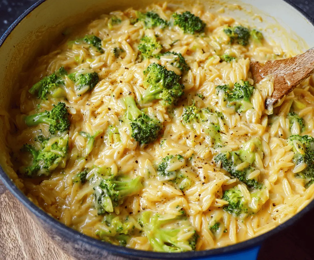 Creamy one-pot broccoli cheddar orzo pasta dish served in a bowl, highlighting a quick and delicious recipe perfect for a comforting meal