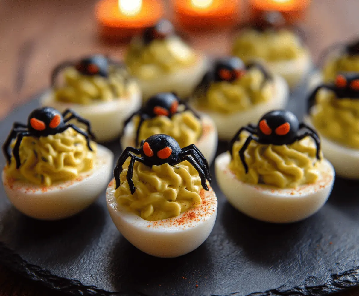Spooky Creepy Deviled Eggs decorated for Halloween with creepy faces, perfect spooky appetizer for Halloween parties