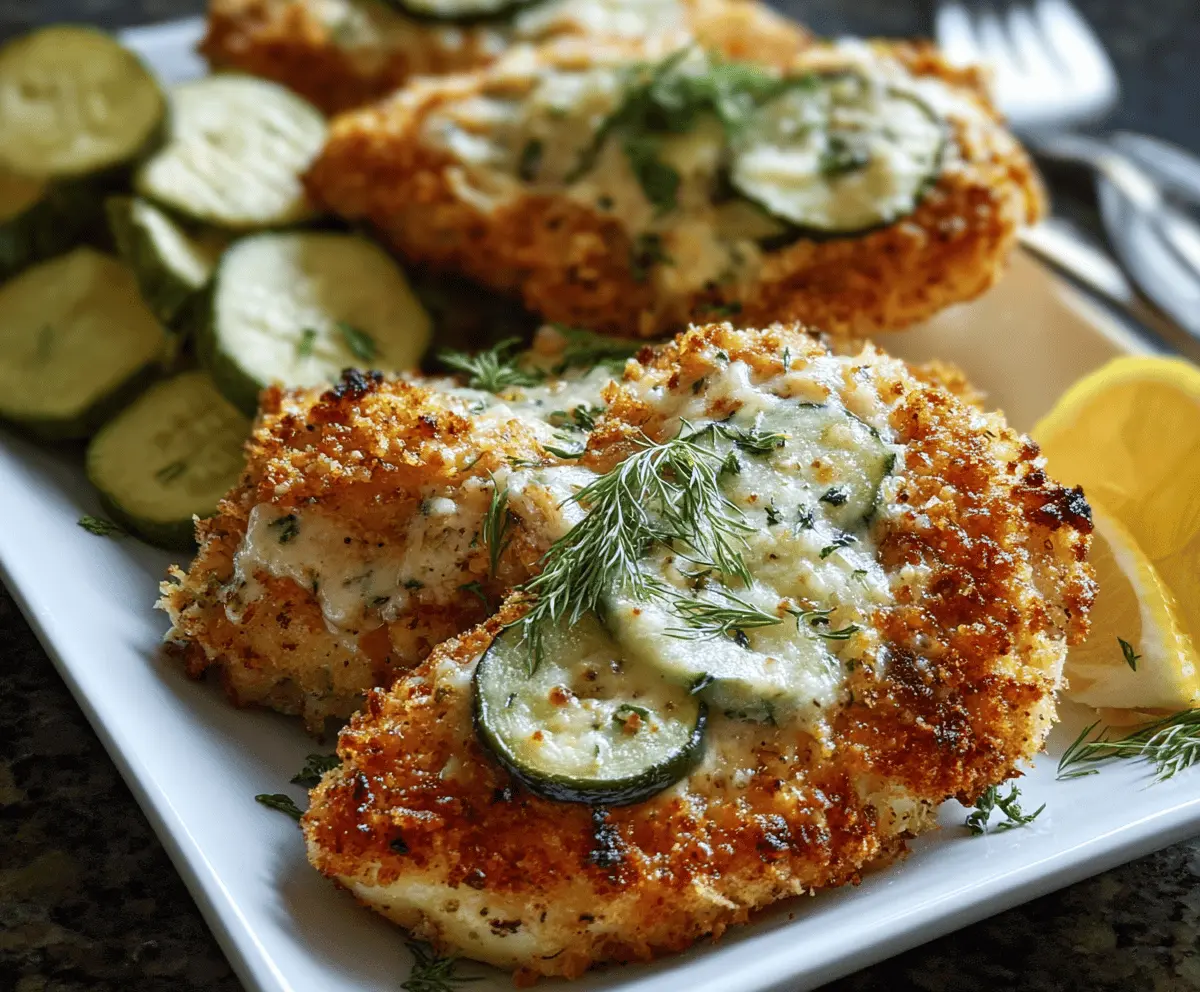 Juicy baked Parmesan chicken topped with tangy dill pickle slices and fresh herbs, served on a plate