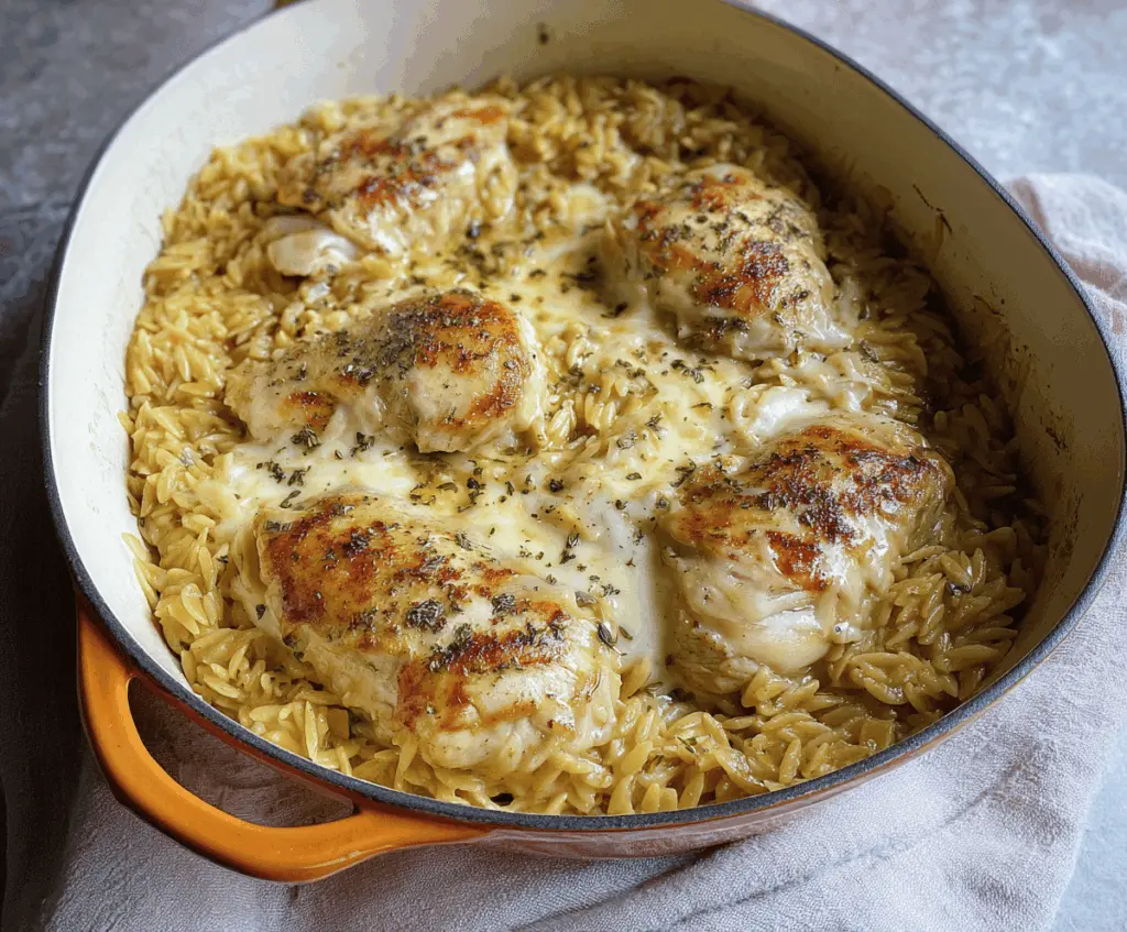 Creamy French Onion Chicken Orzo Casserole topped with melted cheese and caramelized onions in a baked dish