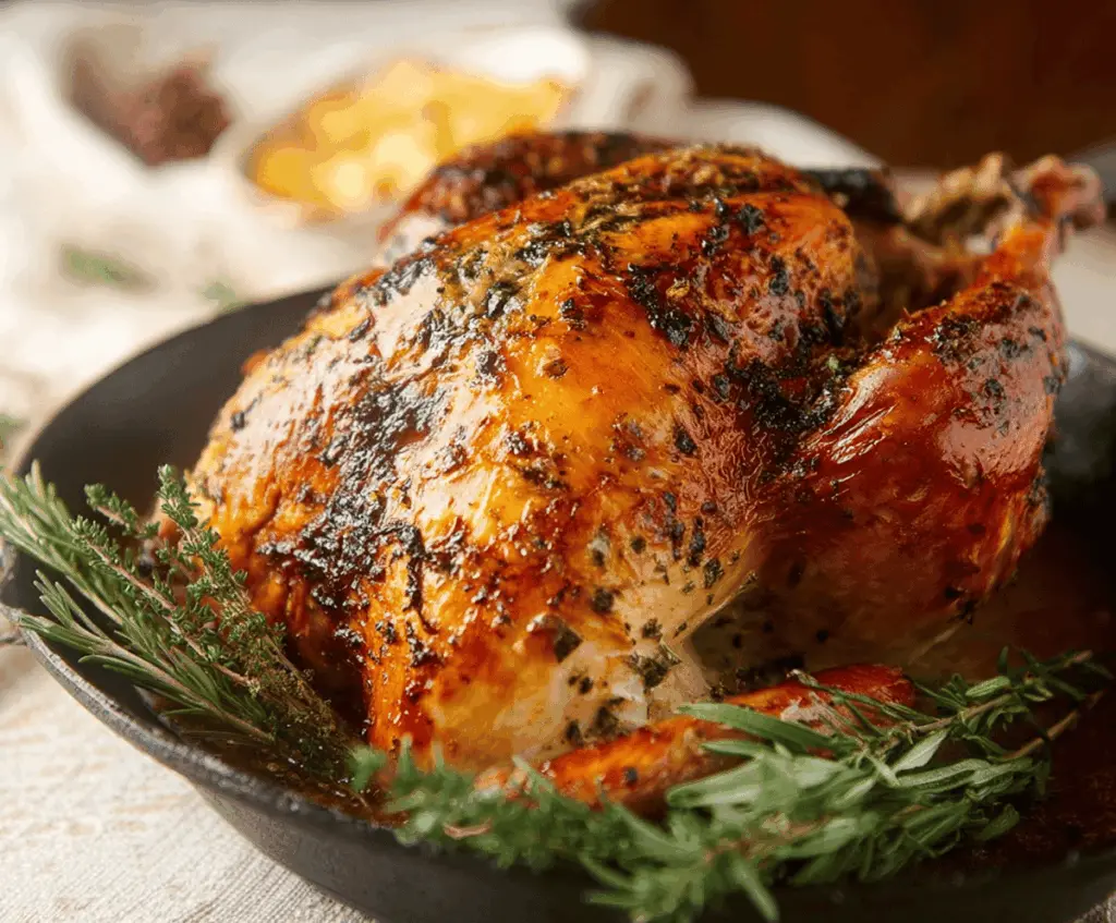 Juicy garlic herb butter roast turkey garnished with fresh herbs on a serving platter, perfect for holiday feasts