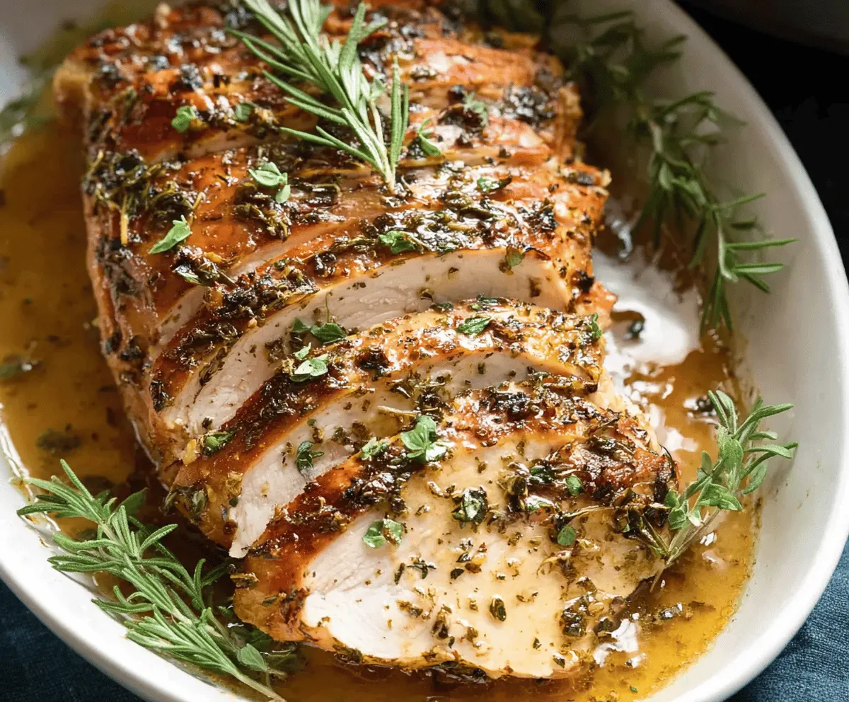 Juicy garlic herb slow cooker turkey breast served with fresh herbs and vegetables on a white plate