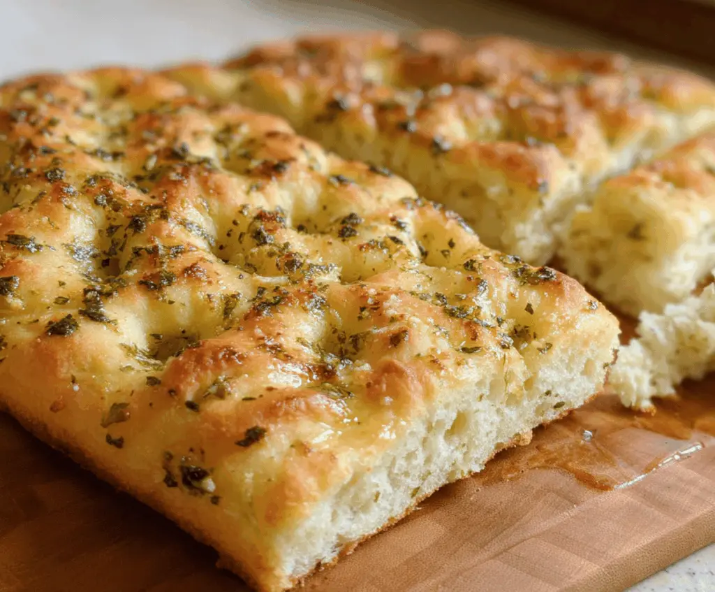 Garlic Parmesan Focaccia bread topped with fresh herbs and crispy golden crust, a savory Italian appetizer or side dish.