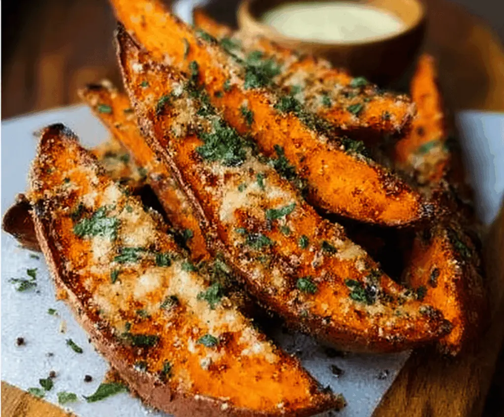 Garlic Parmesan Sweet Potato Wedges on a plate, crispy and seasoned with herbs and cheese, perfect as a healthy snack or side dish