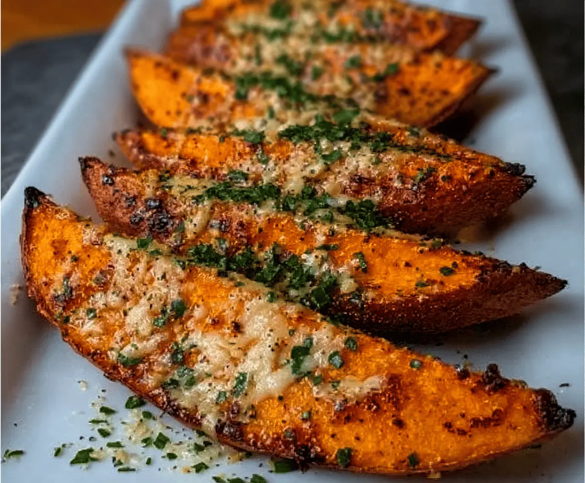 Garlic Parmesan Sweet Potato Wedges Recipe - Crispy & Delicious
