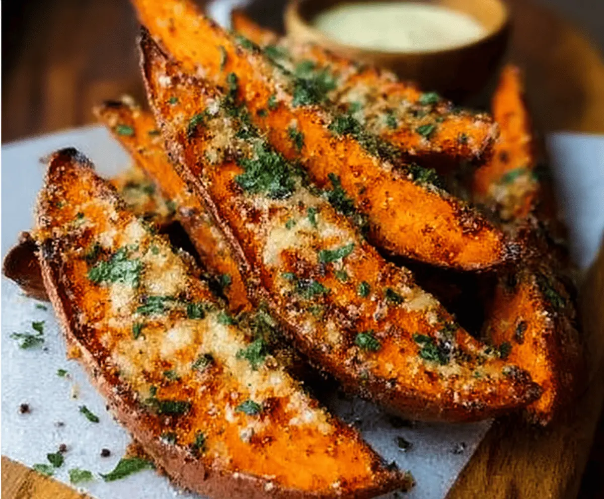 Garlic Parmesan Sweet Potato Wedges on a plate, crispy and seasoned with herbs and cheese, perfect as a healthy snack or side dish
