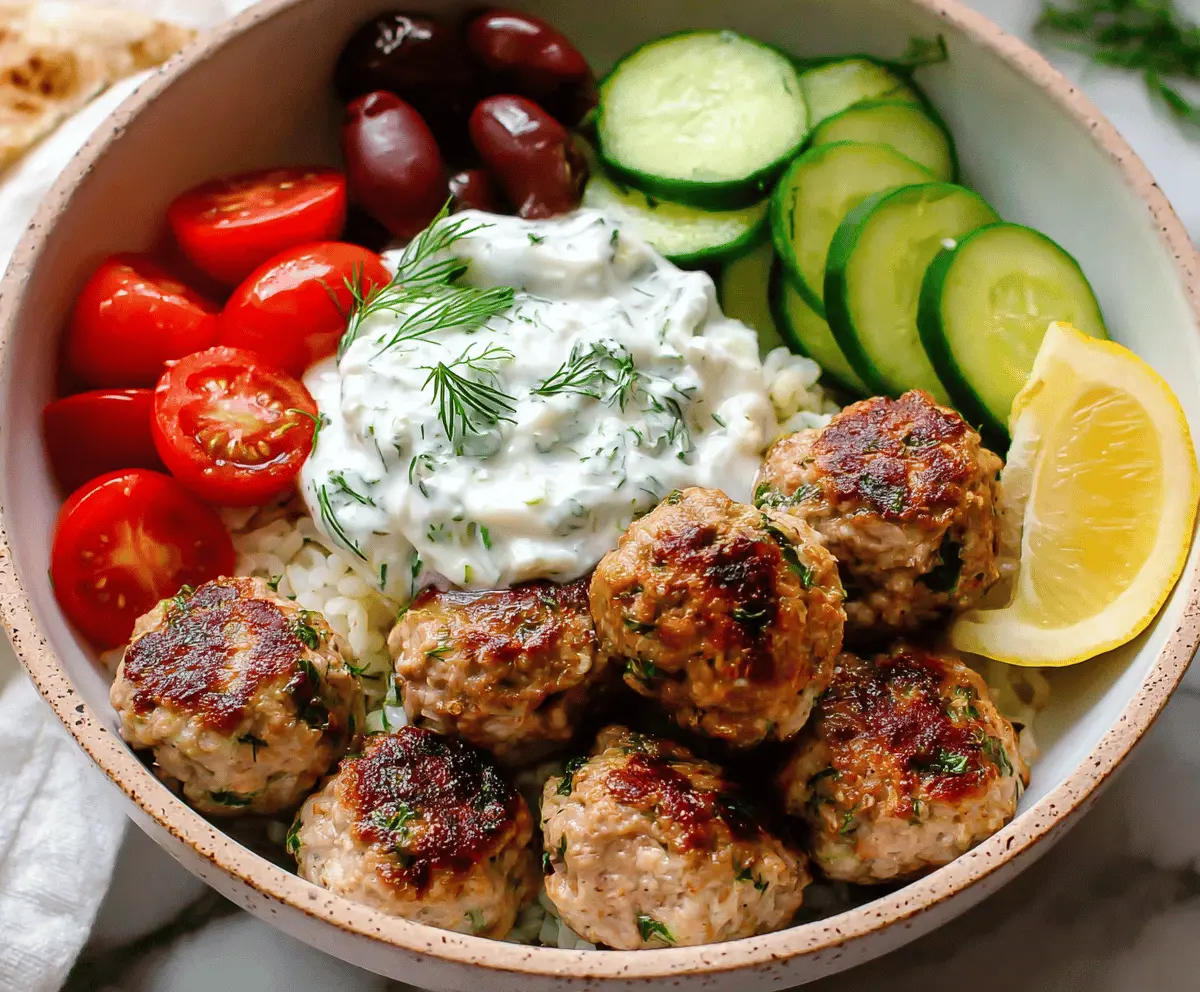 Delicious Greek turkey meatballs served with creamy homemade tzatziki sauce on a rustic plate