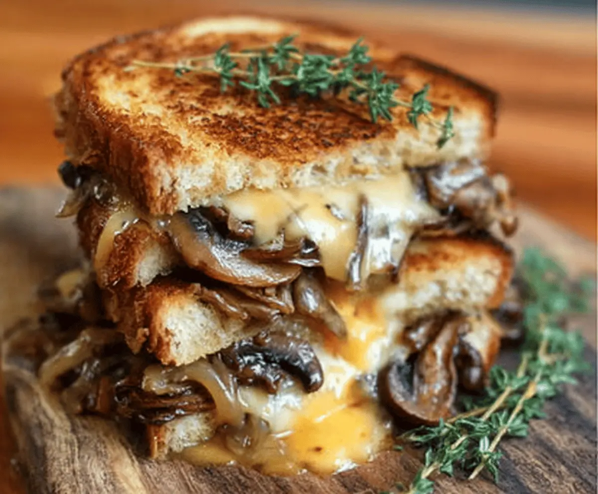 Delicious grilled cheese sandwich with melted Gouda cheese, roasted mushrooms, and caramelized onions on golden toasted bread.