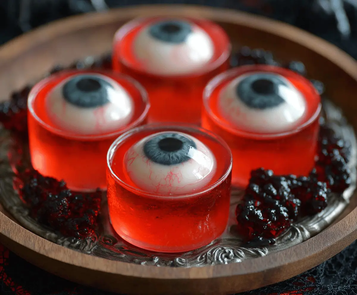 Colorful Halloween Eyeball Jello Shots with gummy eyeballs in spooky themed cups for festive party fun