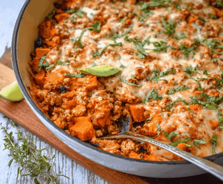 healthy ground turkey and sweet potato bake for dinner