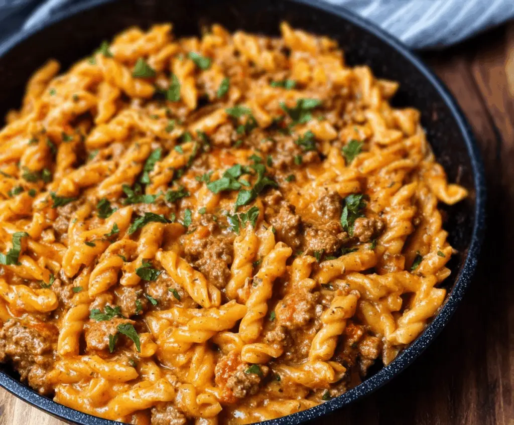 Creamy high-protein beef pasta ready for quick weeknight dinner, featuring tender beef and rich sauce.