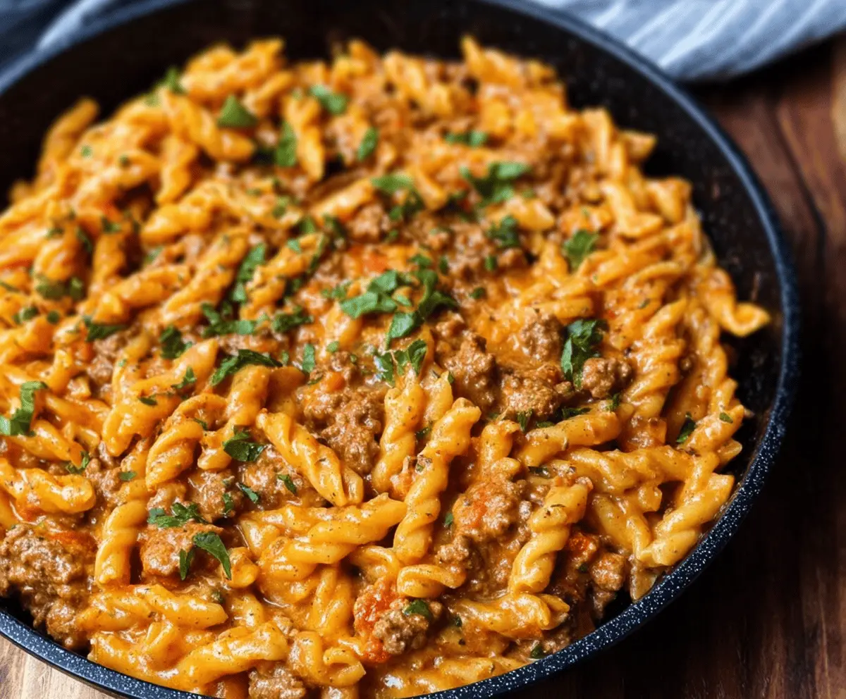 Creamy high-protein beef pasta ready for quick weeknight dinner, featuring tender beef and rich sauce.