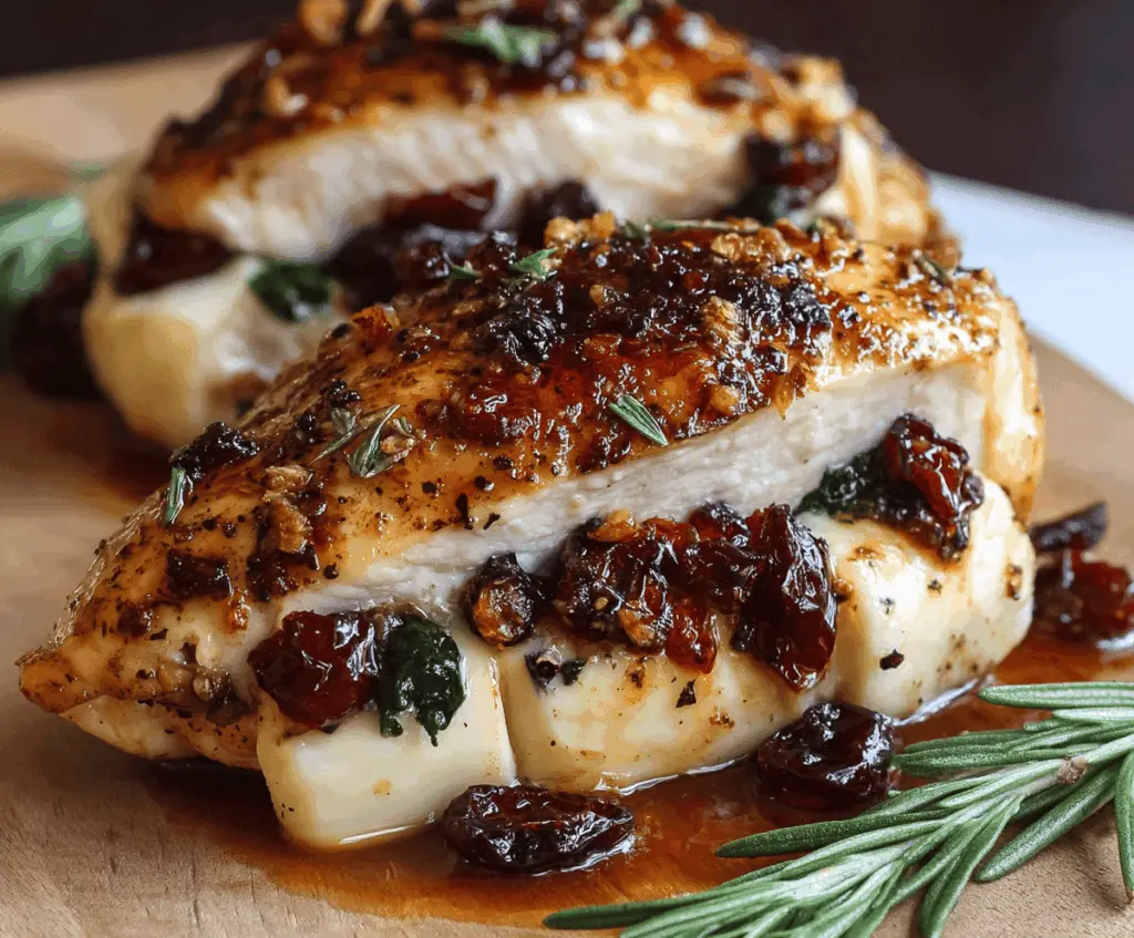 Juicy chicken breast stuffed with creamy Brie cheese and tangy cranberries, garnished with fresh herbs for an impressive Cranberry Brie Stuffed Chicken recipe