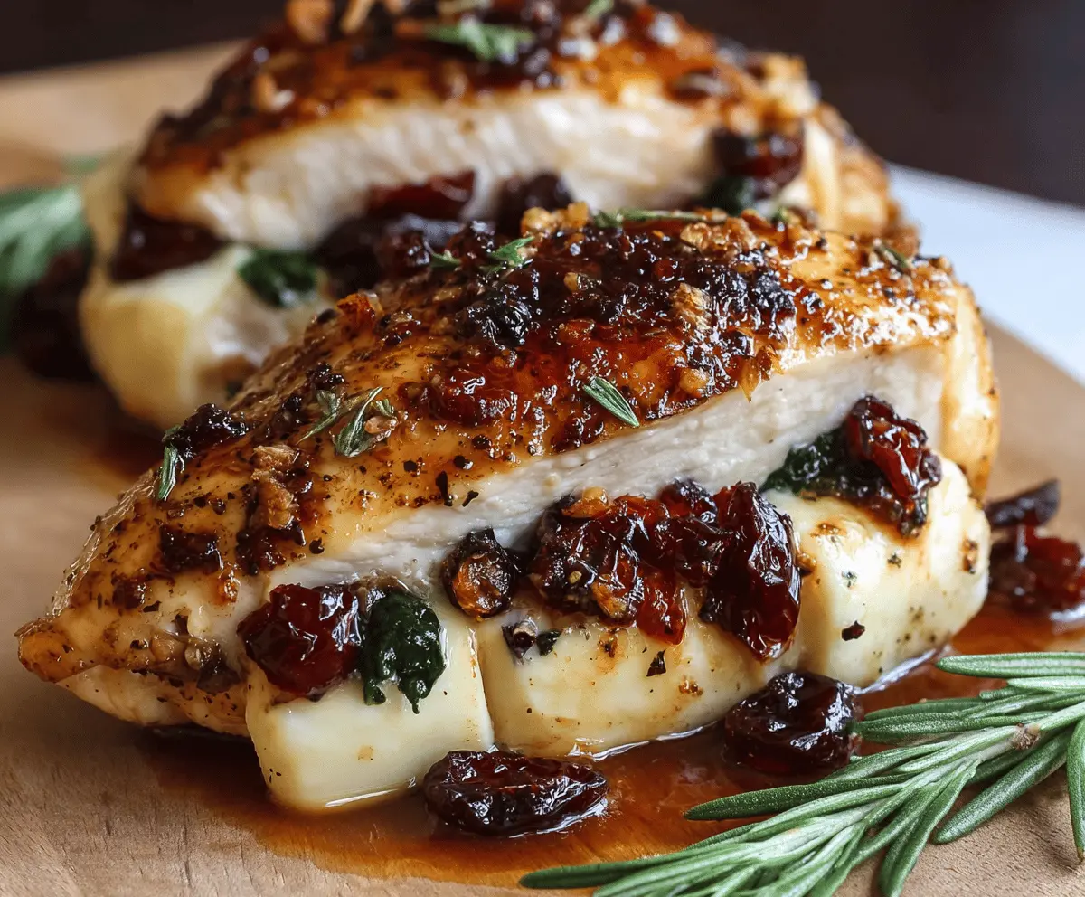 Juicy chicken breast stuffed with creamy Brie cheese and tangy cranberries, garnished with fresh herbs for an impressive Cranberry Brie Stuffed Chicken recipe