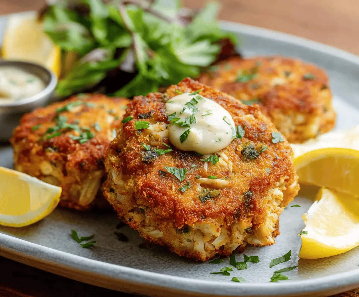 Golden Maryland-style crab cake garnished with lemon wedge and fresh greens, perfect for seafood lovers
