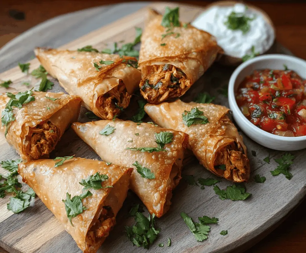 Golden Moroccan Spiced Chicken Briouats featuring crispy pastry shells filled with flavorful seasoned chicken, garnished with fresh herbs for an authentic appetizer or snack.