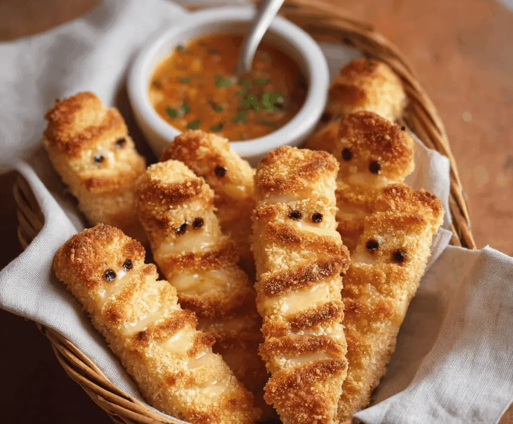 Delicious Mummy Mozzarella Sticks wrapped in spooky breadstick bandages, perfect for Halloween snacks