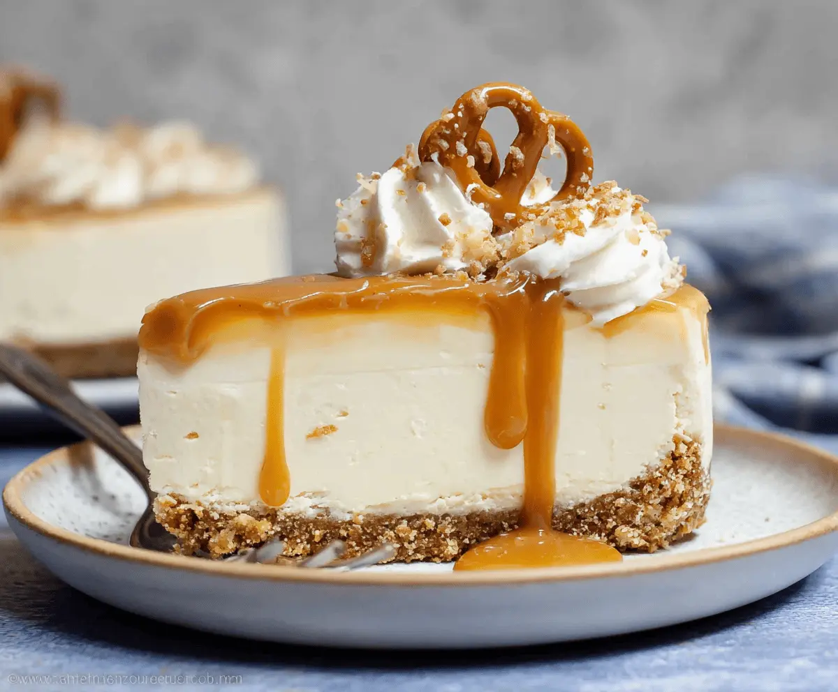 Creamy no-bake salted caramel cheesecake topped with caramel drizzle and sea salt on a decorative plate