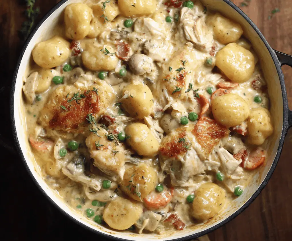 Creamy one pot gnocchi chicken pot pie topped with golden crust and fresh herbs in a cozy serving dish.